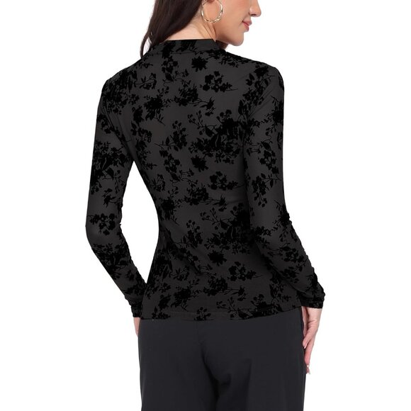 🆕 Women Black Mesh Tops Long Sleeve Mock Neck Fitted Sexy Through Tee Design - Picture 6 of 8